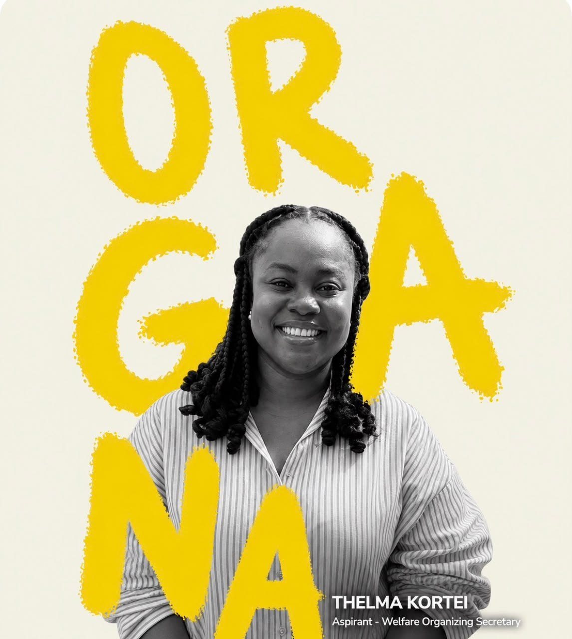 Thelma Kortei smiling, in front of the word Organa in yellow