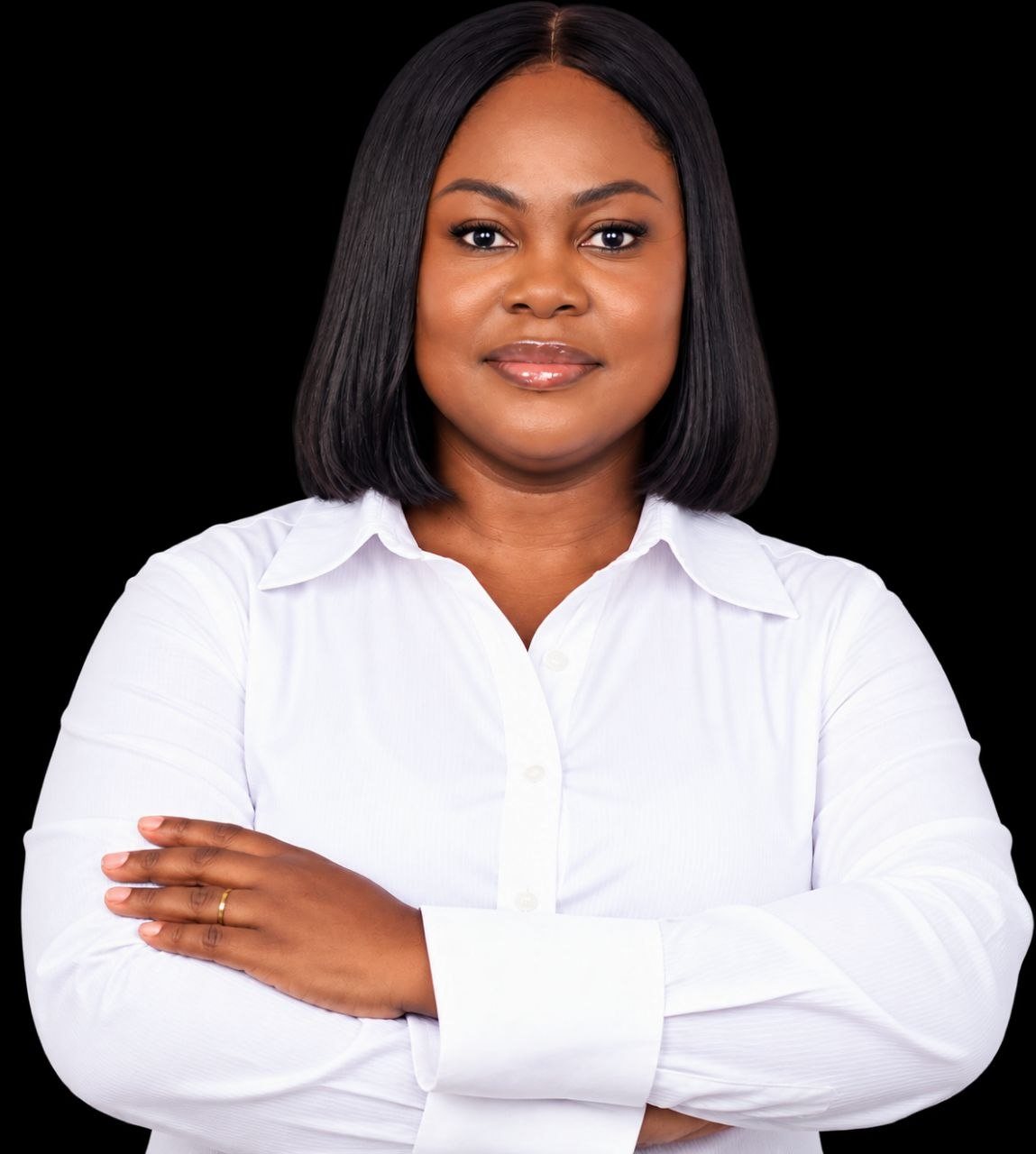 Thelma Kortei in a white shirt with arms folded